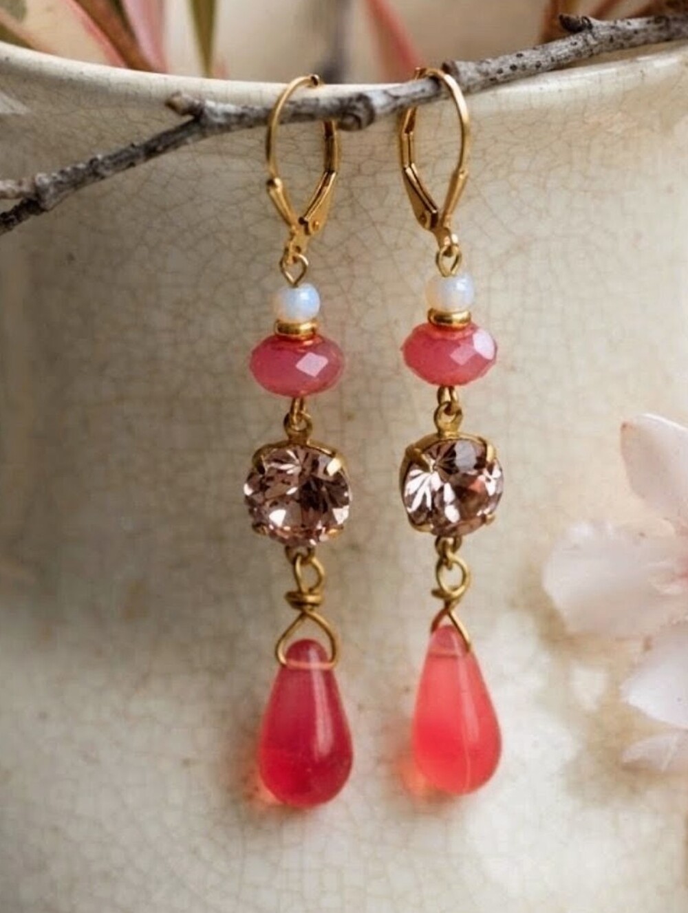 Pink Mosaic Flower Crystal & Pink Opaline Glass In Long Gold Plated Earrings